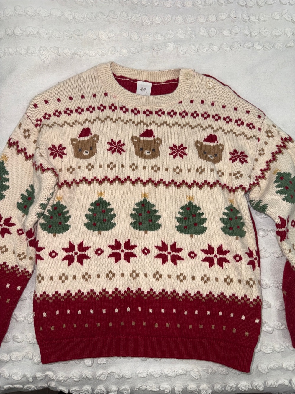 H&M Cream, Red & Green Fair Isle Bear and Tree Crewneck Sweater
